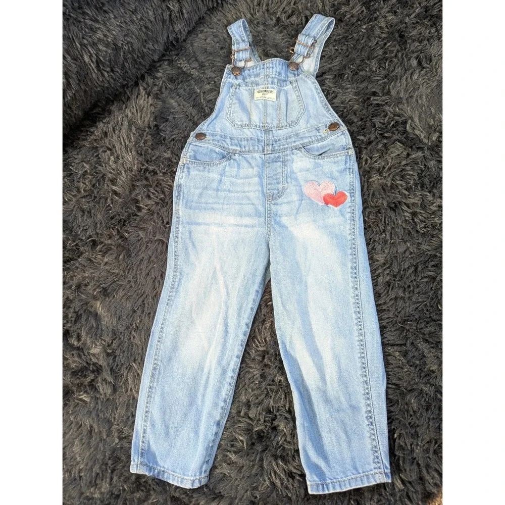 OshKosh Bgosh Kids‎ 3T Denim Overalls Light Wash Heart Embroidery Vestbak 416